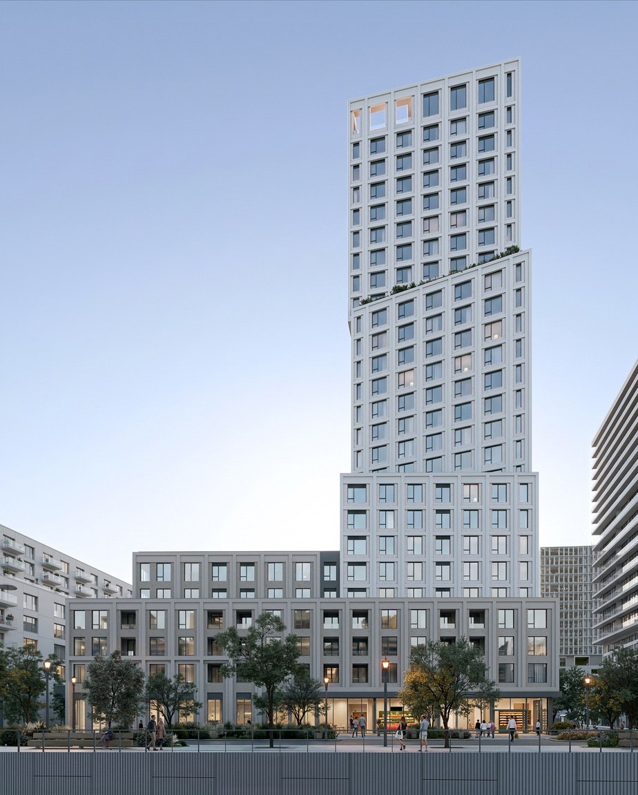 效果图：一栋层层错开的浅灰色高层住宅楼，底层是临街的超市