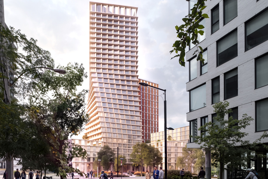 效果图：Griffintown 街口望去，一座层层错开、略带扭转的白色高层住宅楼